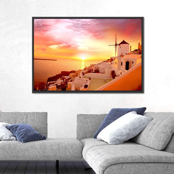Santorini With Famous Windmill In Greece Canvas Wall Art-3 Horizontal-Gallery Wrap-25" x 16"-Tiaracle