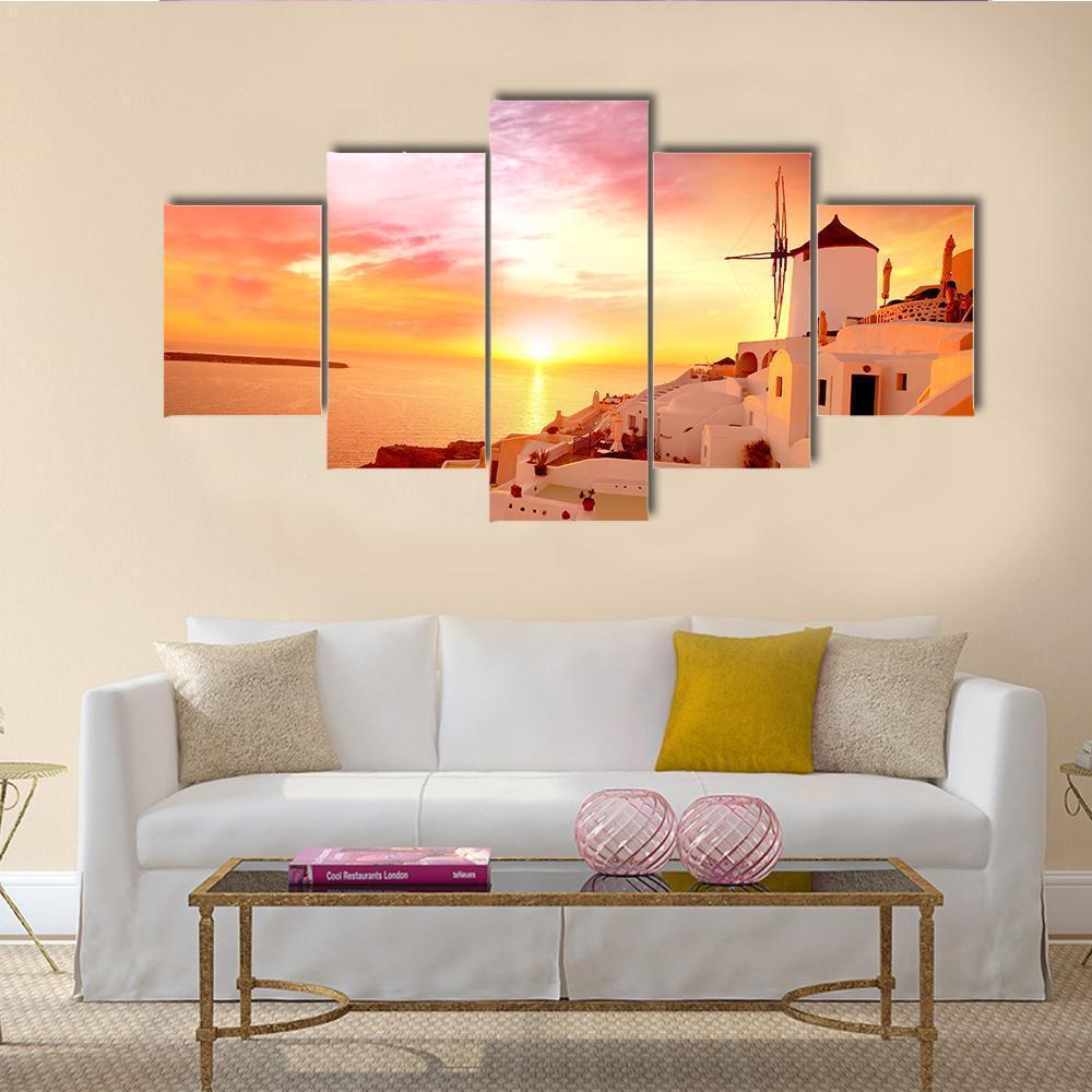 Santorini With Famous Windmill In Greece Canvas Wall Art-5 Star-Gallery Wrap-62" x 32"-Tiaracle