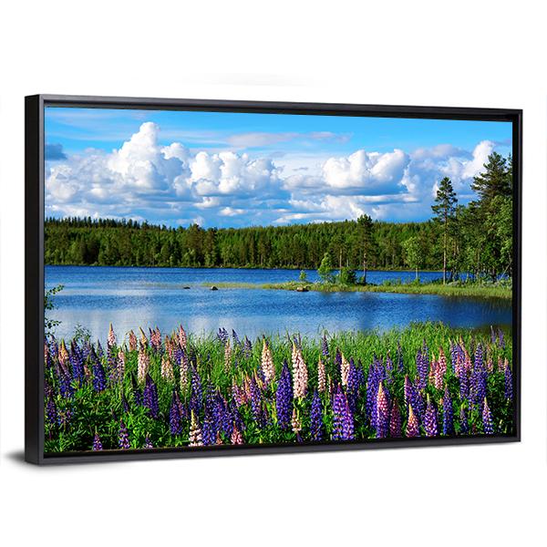 Scandinavian Summer Landscape With Lupies And Lake Canvas Wall Art-3 Horizontal-Gallery Wrap-25" x 16"-Tiaracle