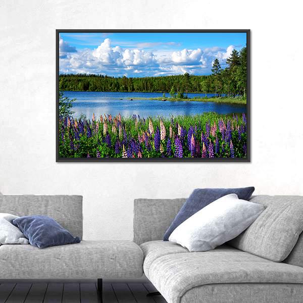 Scandinavian Summer Landscape With Lupies And Lake Canvas Wall Art-3 Horizontal-Gallery Wrap-25" x 16"-Tiaracle
