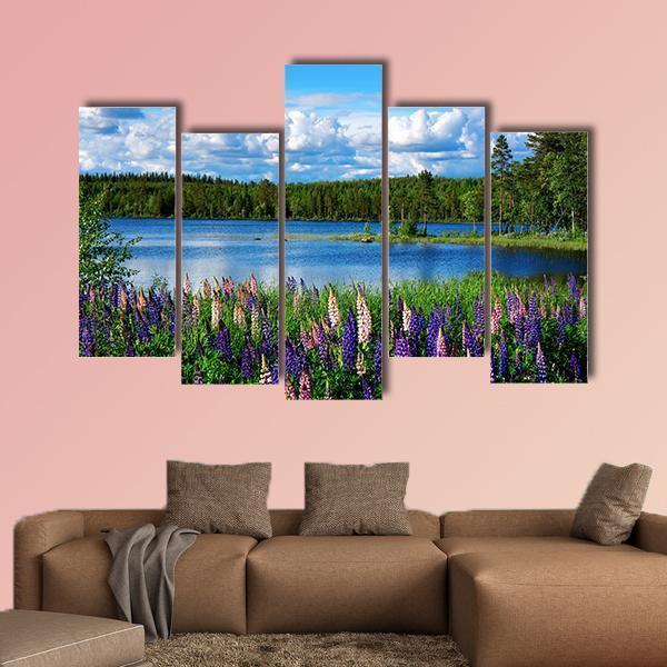 Scandinavian Summer Landscape With Lupies And Lake Canvas Wall Art-5 Pop-Gallery Wrap-47" x 32"-Tiaracle