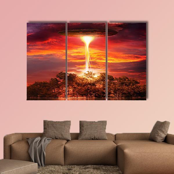 Scene With UFO Floating Over The Island Canvas Wall Art-3 Horizontal-Gallery Wrap-25" x 16"-Tiaracle