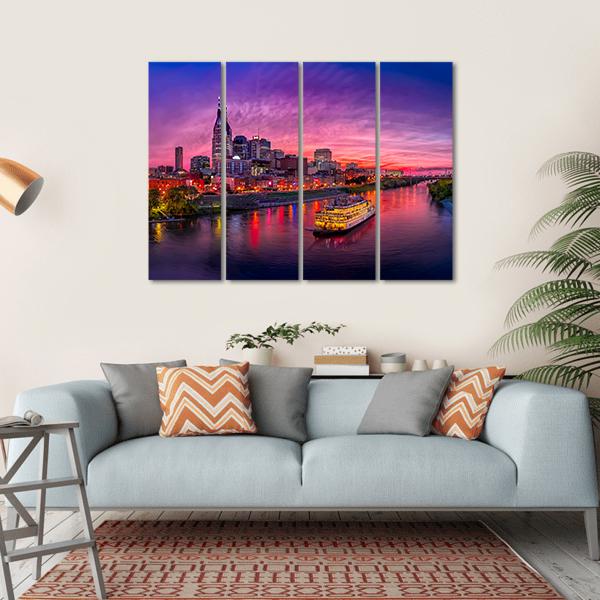 Scenery Of Nashville Skyline With Boat Canvas Wall Art-4 Horizontal-Gallery Wrap-34" x 24"-Tiaracle