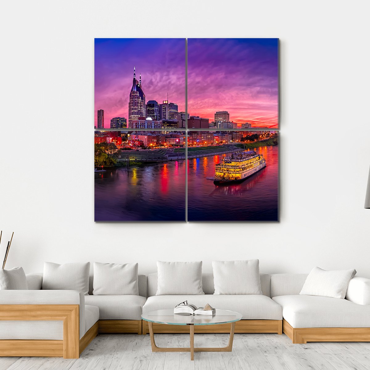 Scenery Of Nashville Skyline With Boat Canvas Wall Art-4 Square-Gallery Wrap-17" x 17"-Tiaracle
