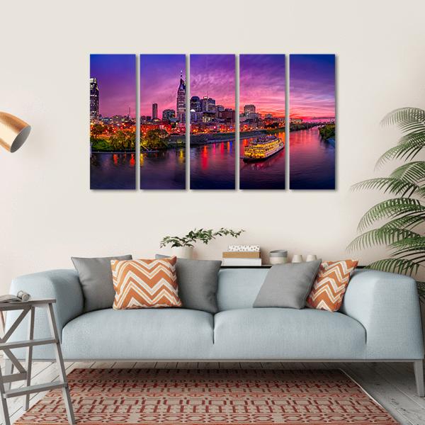 Scenery Of Nashville Skyline With Boat Canvas Wall Art-5 Horizontal-Gallery Wrap-22" x 12"-Tiaracle