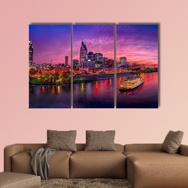Scenery Of Nashville Skyline With Boat Canvas Wall Art-3 Horizontal-Gallery Wrap-25" x 16"-Tiaracle