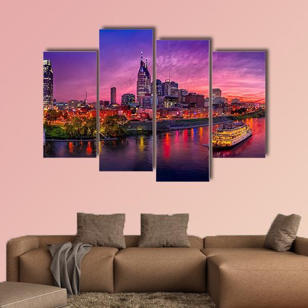 Scenery Of Nashville Skyline With Boat Canvas Wall Art-4 Pop-Gallery Wrap-50" x 32"-Tiaracle