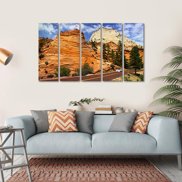 Scenic Drive In Zion National Park Canvas Wall Art-5 Horizontal-Gallery Wrap-22" x 12"-Tiaracle