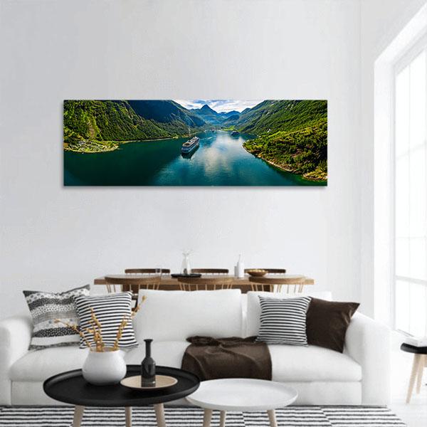 Scenic Geiranger Fjord In Norway Panoramic Canvas Wall Art-1 Piece-36" x 12"-Tiaracle