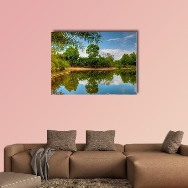 Scenic Lake View With Garden Canvas Wall Art-1 Piece-Gallery Wrap-48" x 32"-Tiaracle