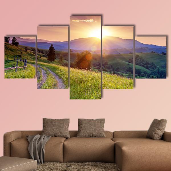 Scenic Sunset In The Mountains Landscape Canvas Wall Art-5 Star-Gallery Wrap-62" x 32"-Tiaracle