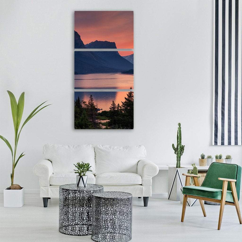 Scenic Sunset Over St. Mary Lake Illustration Vertical Canvas Wall Art-3 Vertical-Gallery Wrap-12" x 25"-Tiaracle