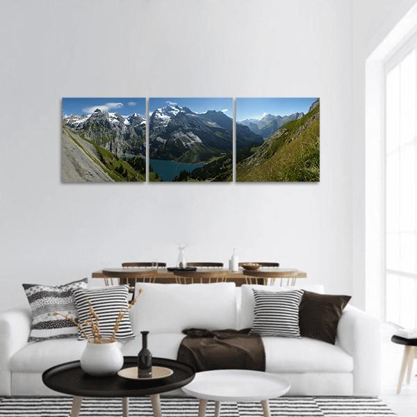 Scenic View Of Lake Under Mountain Panoramic Canvas Wall Art-3 Piece-25" x 08"-Tiaracle