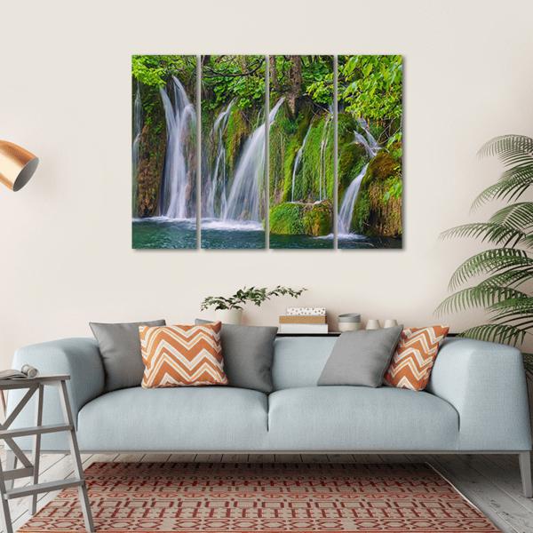 Scenic Waterfall In The Forest Canvas Wall Art-4 Horizontal-Gallery Wrap-34" x 24"-Tiaracle