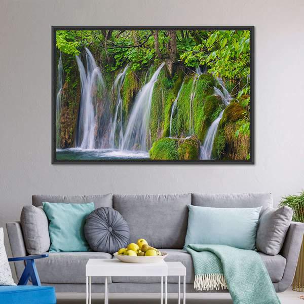 Scenic Waterfall In The Forest Canvas Wall Art-3 Horizontal-Gallery Wrap-25" x 16"-Tiaracle