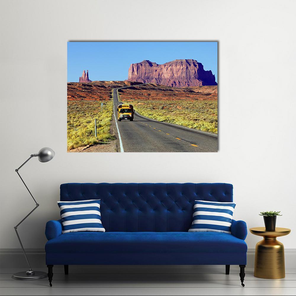 School Bus On Road At Monument Valley USA Canvas Wall Art-1 Piece-Gallery Wrap-48" x 32"-Tiaracle