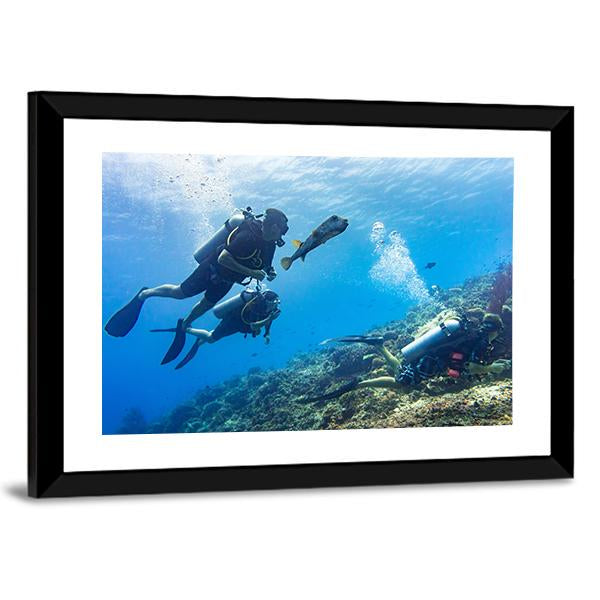 Scuba Diving At Coral Reef Panoramic Canvas Wall Art-1 Piece-36" x 12"-Tiaracle