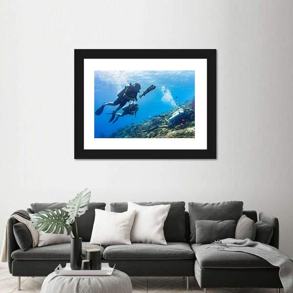 Scuba Diving At Coral Reef Panoramic Canvas Wall Art-1 Piece-36" x 12"-Tiaracle