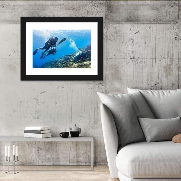 Scuba Diving At Coral Reef Panoramic Canvas Wall Art-1 Piece-36" x 12"-Tiaracle