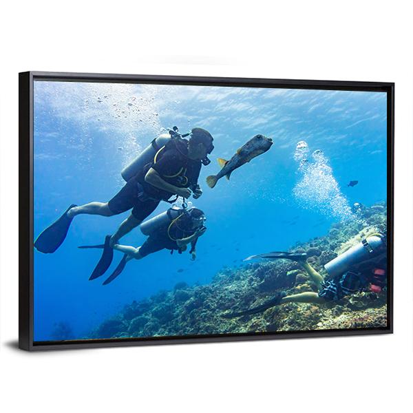 Scuba Diving At Coral Reef Panoramic Canvas Wall Art-1 Piece-36" x 12"-Tiaracle