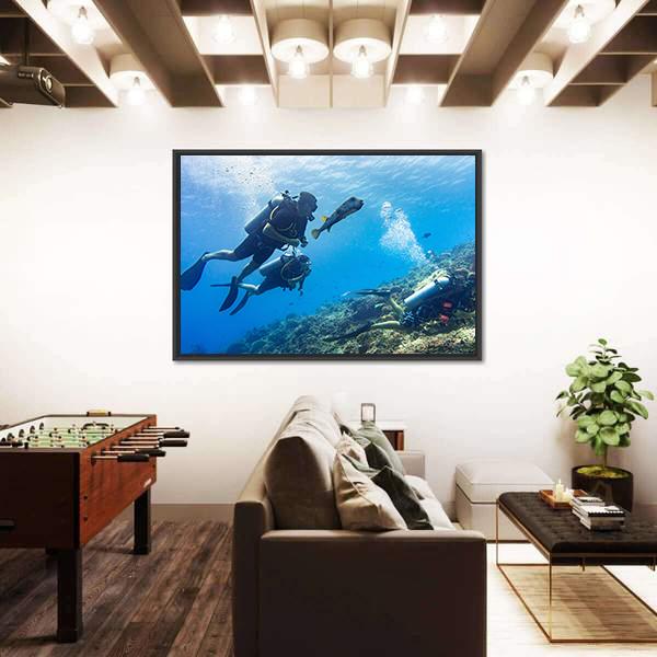Scuba Diving At Coral Reef Panoramic Canvas Wall Art-1 Piece-36" x 12"-Tiaracle