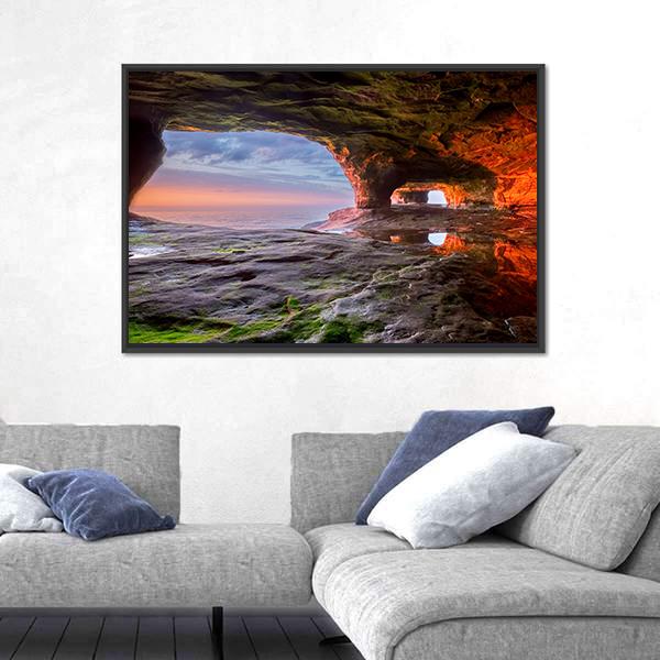 Sea Cave Radiate A Red From The Sun Setting Canvas Wall Art-3 Horizontal-Gallery Wrap-25" x 16"-Tiaracle