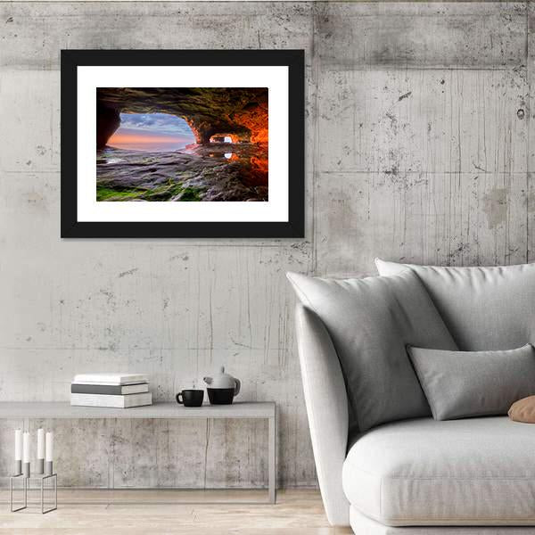 Sea Cave Radiate A Red From The Sun Setting Canvas Wall Art-3 Horizontal-Gallery Wrap-25" x 16"-Tiaracle