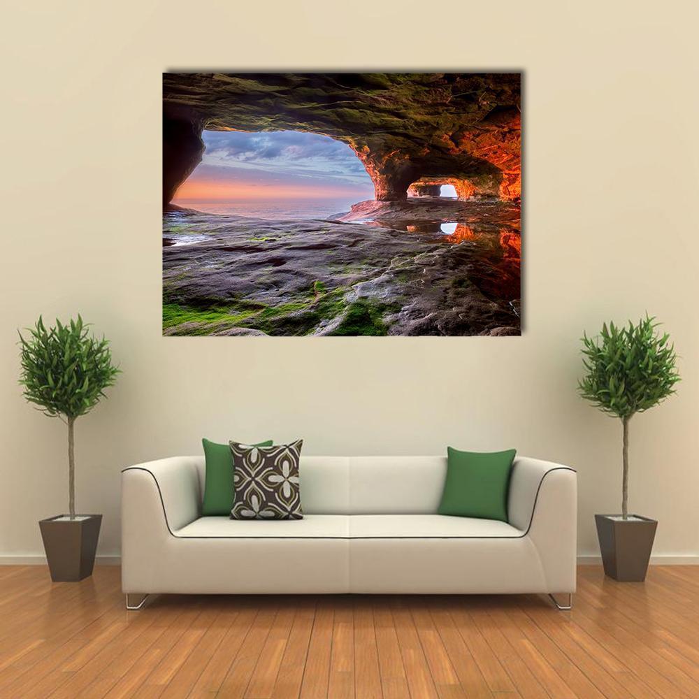 Sea Cave Radiate A Red From The Sun Setting Canvas Wall Art-1 Piece-Gallery Wrap-48" x 32"-Tiaracle
