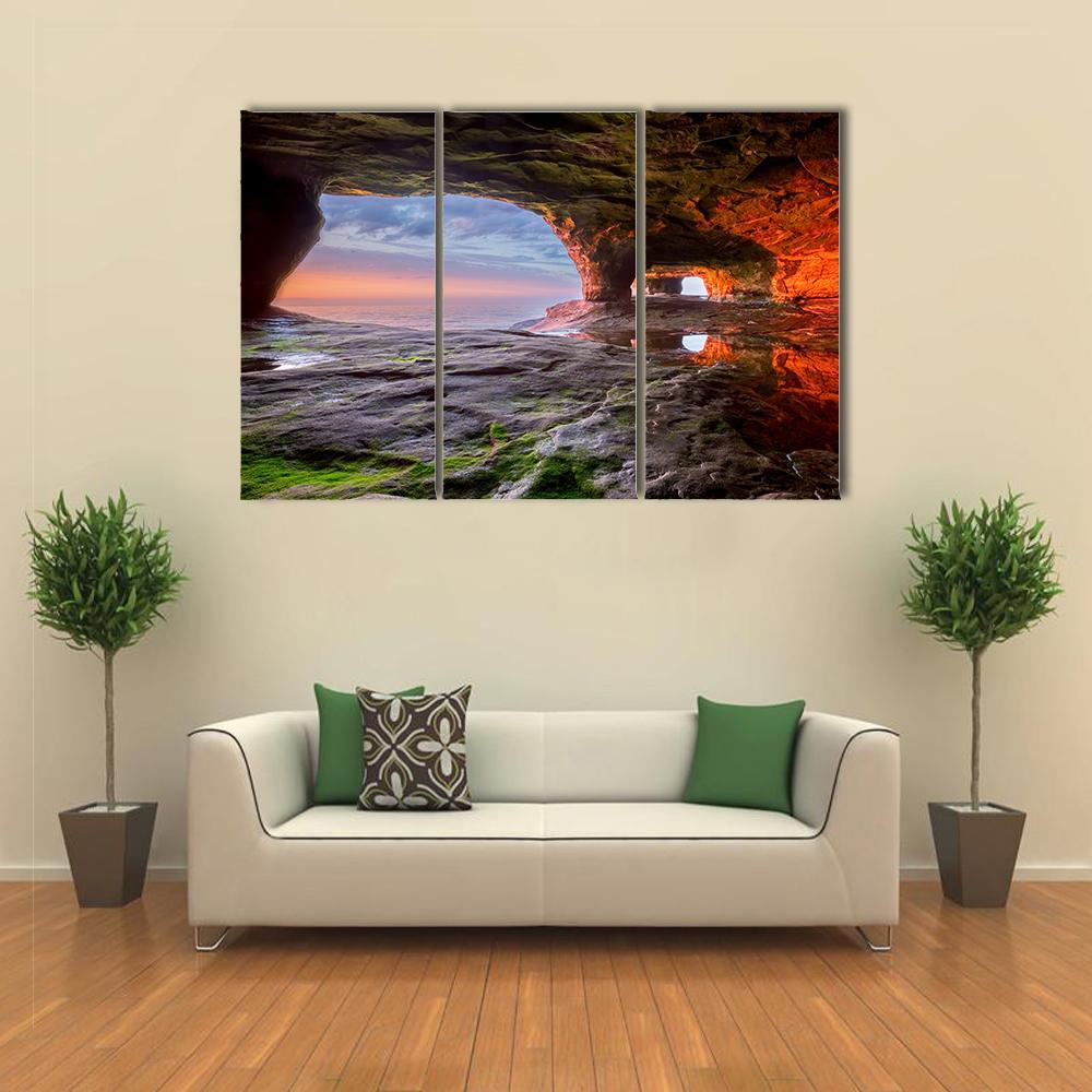 Sea Cave Radiate A Red From The Sun Setting Canvas Wall Art-3 Horizontal-Gallery Wrap-37" x 24"-Tiaracle