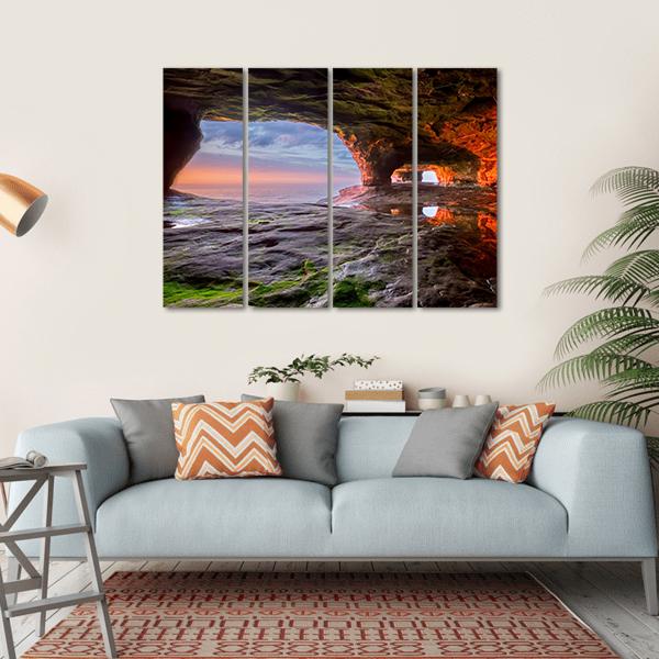 Sea Cave Radiate A Red From The Sun Setting Canvas Wall Art-4 Horizontal-Gallery Wrap-34" x 24"-Tiaracle