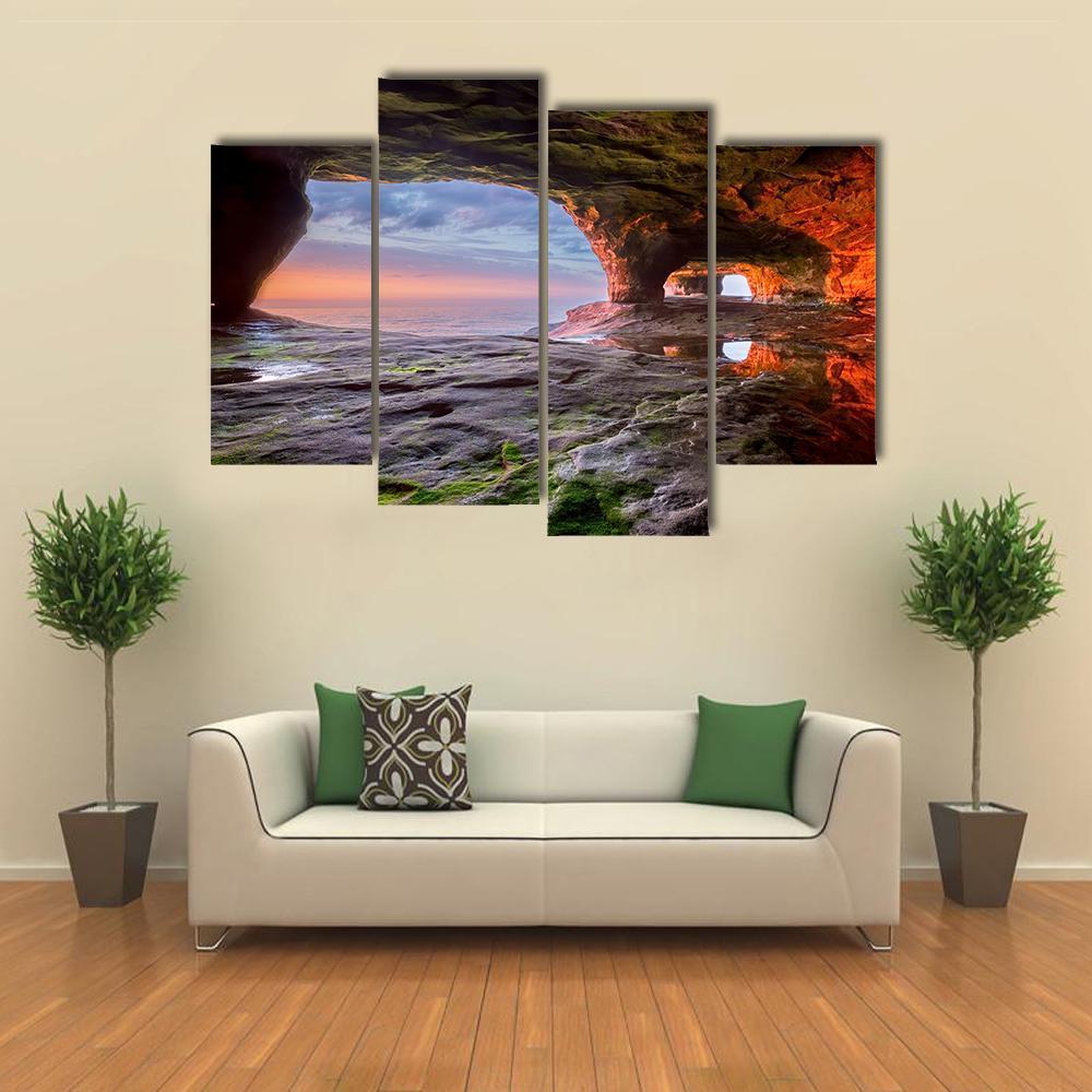 Sea Cave Radiate A Red From The Sun Setting Canvas Wall Art-4 Pop-Gallery Wrap-50" x 32"-Tiaracle