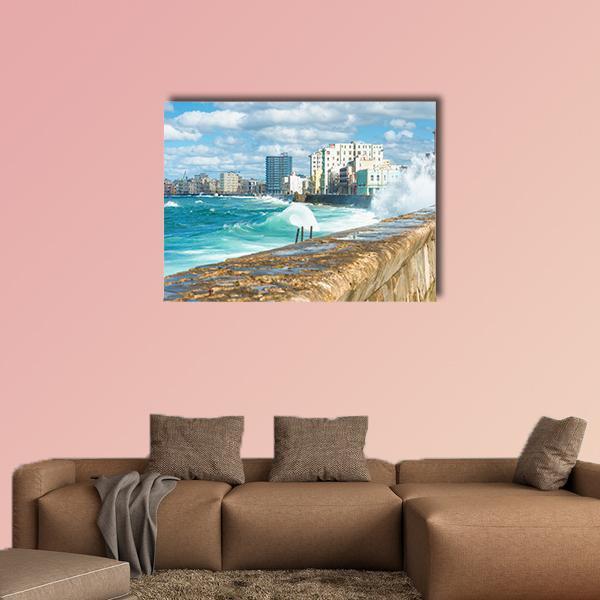 Sea Waves Crashing On The Malecon Seawall Canvas Wall Art-1 Piece-Gallery Wrap-48" x 32"-Tiaracle