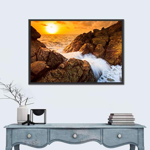 Sea Waves Line Impact Rock On The Beach Canvas Wall Art-1 Piece-Floating Frame-24" x 16"-Tiaracle