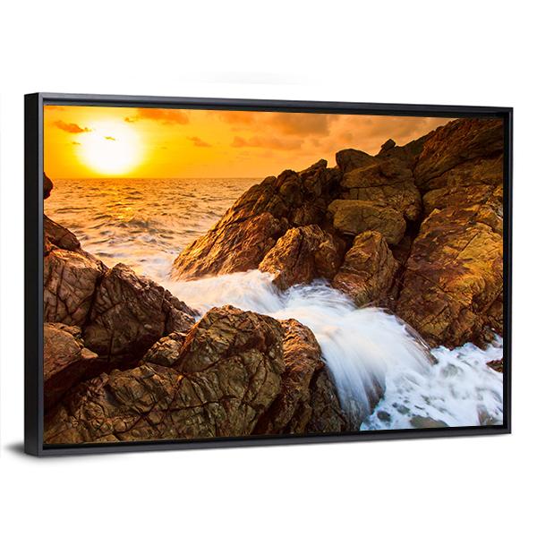 Sea Waves Line Impact Rock On The Beach Canvas Wall Art-3 Horizontal-Gallery Wrap-25" x 16"-Tiaracle