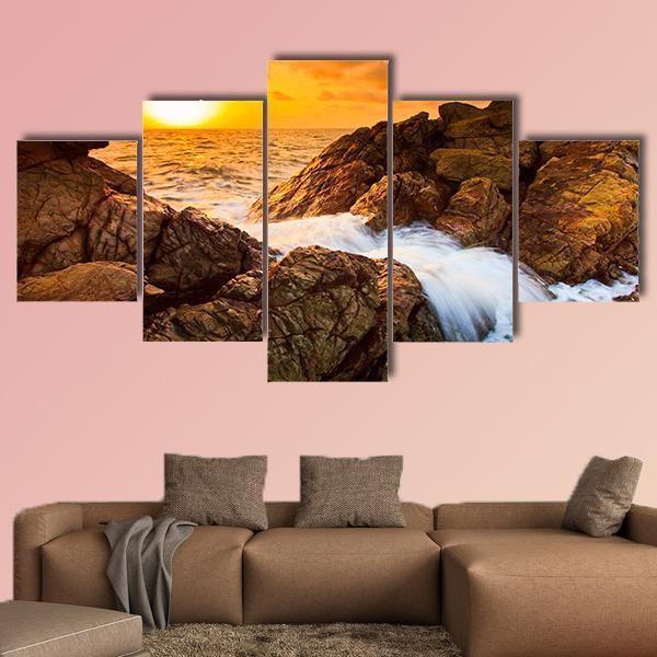 Sea Waves Line Impact Rock On The Beach Canvas Wall Art-5 Star-Gallery Wrap-62" x 32"-Tiaracle