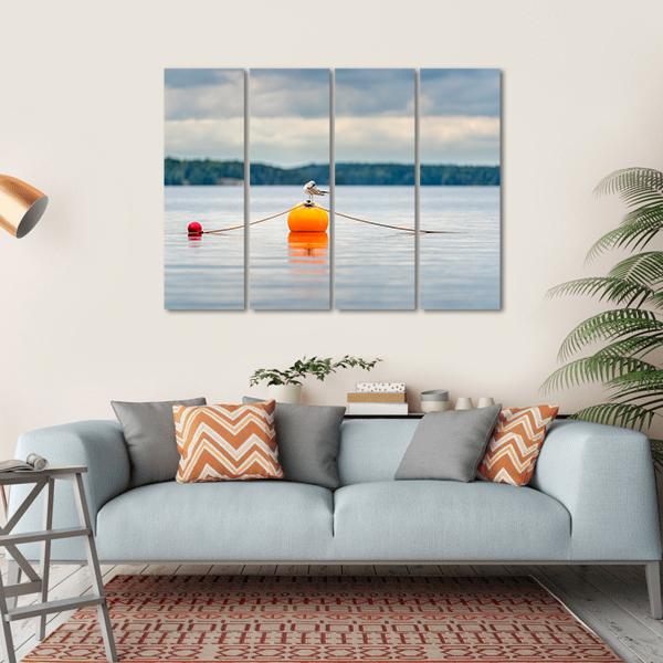 Seagull Bird Standing On An Orange Buoy Canvas Wall Art-1 Piece-Gallery Wrap-36" x 24"-Tiaracle