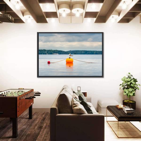 Seagull Bird Standing On An Orange Buoy Canvas Wall Art-5 Horizontal-Gallery Wrap-22" x 12"-Tiaracle