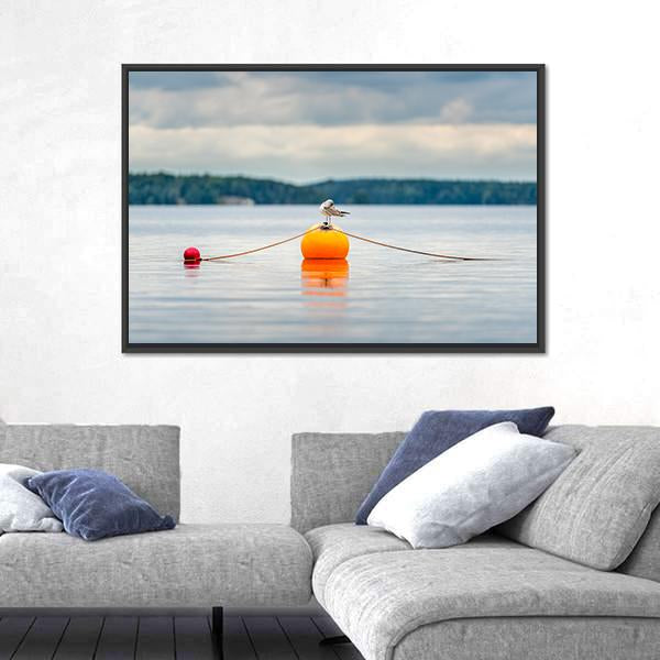 Seagull Bird Standing On An Orange Buoy Canvas Wall Art-5 Horizontal-Gallery Wrap-22" x 12"-Tiaracle