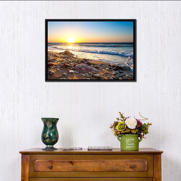 Seascape During Sundown Canvas Wall Art-3 Horizontal-Gallery Wrap-25" x 16"-Tiaracle