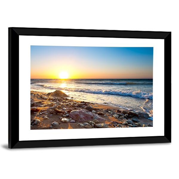 Seascape During Sundown Canvas Wall Art-3 Horizontal-Gallery Wrap-25" x 16"-Tiaracle
