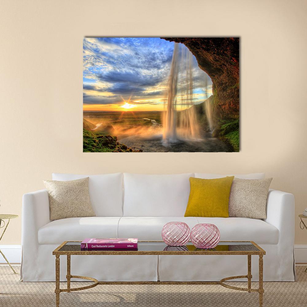 Seljalandfoss Waterfall At Sunset In Iceland Canvas Wall Art-1 Piece-Gallery Wrap-48" x 32"-Tiaracle