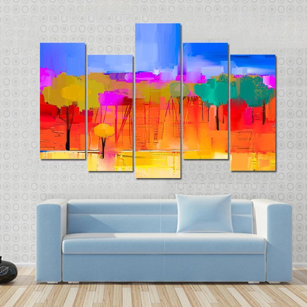 Semi Abstract Image Of Tree And Field with Blue Sky Canvas Wall Art-5 Pop-Gallery Wrap-47" x 32"-Tiaracle