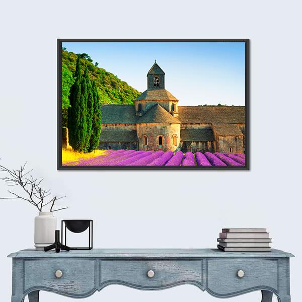 Sénanque Abbey With Flowers Canvas Wall Art-1 Piece-Floating Frame-24" x 16"-Tiaracle