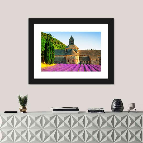 Sénanque Abbey With Flowers Canvas Wall Art-1 Piece-Framed Print-20" x 16"-Tiaracle