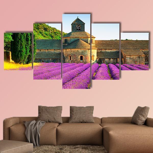 Sénanque Abbey With Flowers Canvas Wall Art-5 Star-Gallery Wrap-62" x 32"-Tiaracle