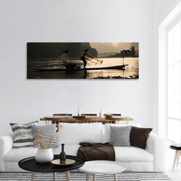 Senior Adult Fishing In Guilin China Panoramic Canvas Wall Art-1 Piece-36" x 12"-Tiaracle