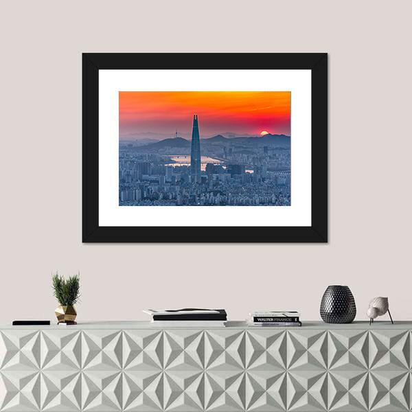Seoul City Skyline At Sunset Canvas Wall Art-1 Piece-Framed Print-20" x 16"-Tiaracle