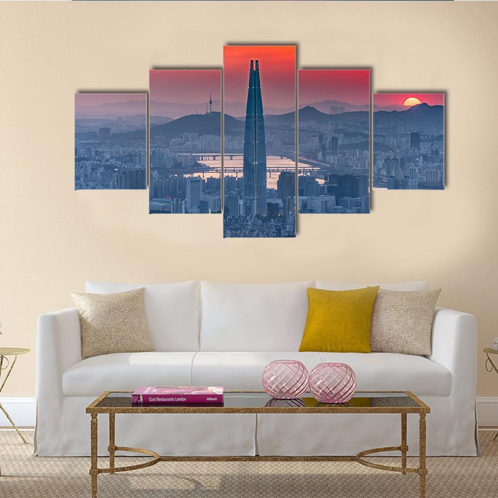 Seoul City Skyline At Sunset Canvas Wall Art-5 Star-Gallery Wrap-62" x 32"-Tiaracle