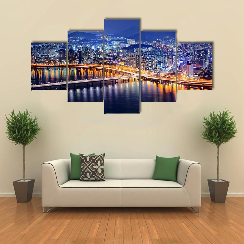 Seoul Tower And Downtown Skyline At Night Canvas Wall Art-5 Star-Gallery Wrap-62" x 32"-Tiaracle