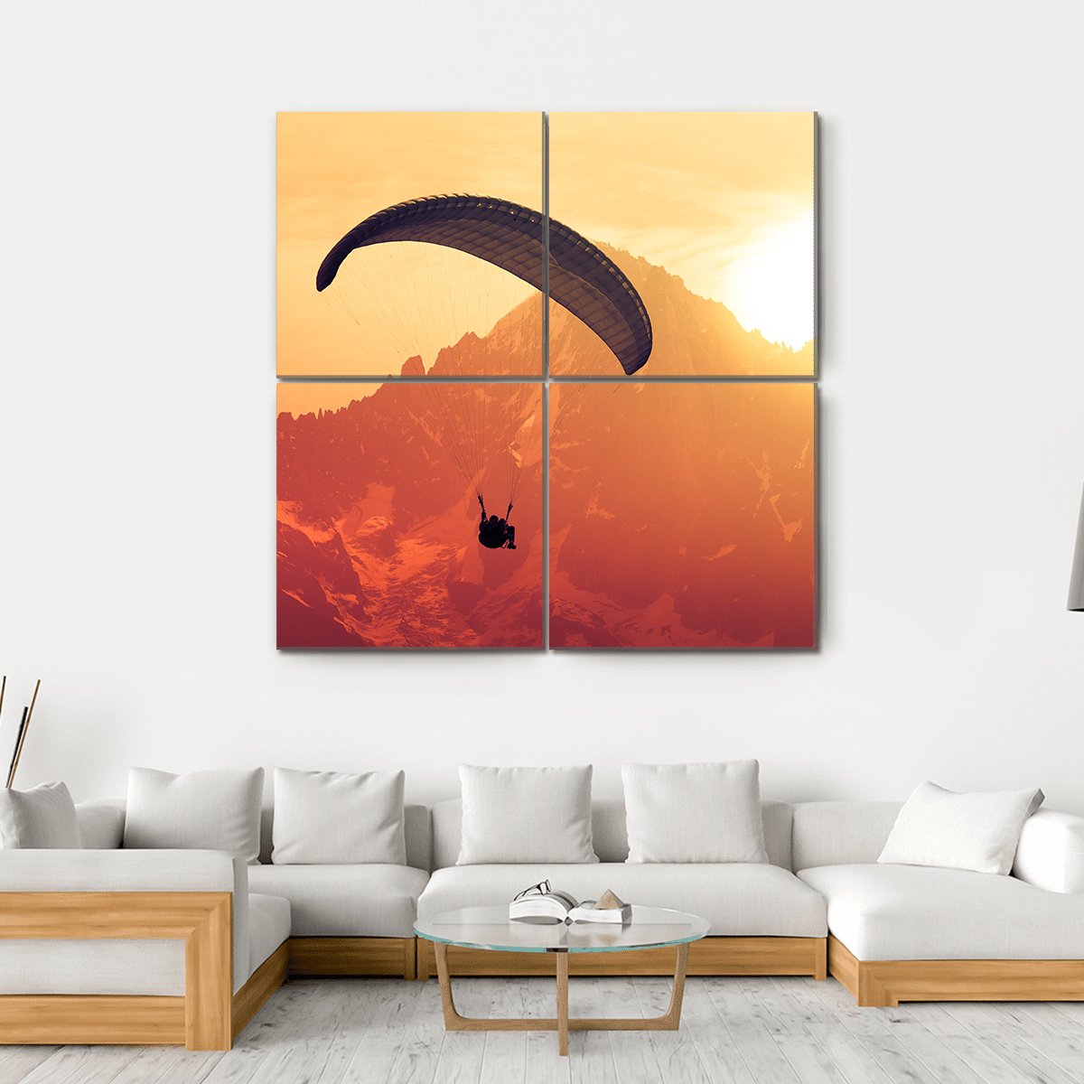 Sepia Paraglide Silhouette Over Alps Peaks Canvas Wall Art-4 Square-Gallery Wrap-17" x 17"-Tiaracle